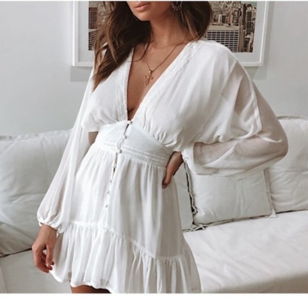 Boho V Neck Button Up Ruffle Hem Beach Dress - Picture 2 of 5